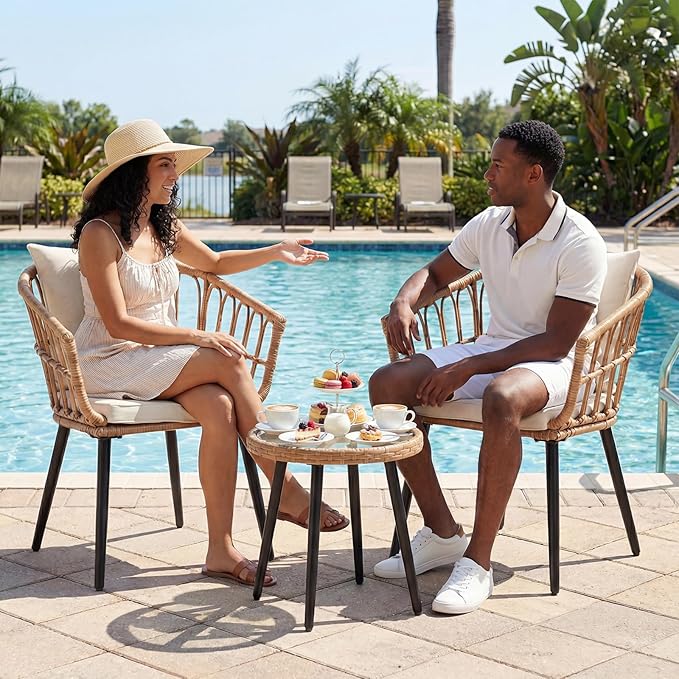 DUMOS 3 Pieces Outdoor Bistro Set, All-Weather PE Rattan Patio Furniture Set with Cushions, Steel Frame Table and Chairs for Balcony, Apartment, Porch, Beige