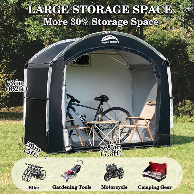 Happy Travel Bike Storage Shed Tent, Waterproof Portable Bicycle Cover with 30% More Top Storage Space for 2/3/4/5 Bikes,Clips Easy Setup Outdoor Sheds Shelter for Motorcycle, Garden Tools, Lawn Mower