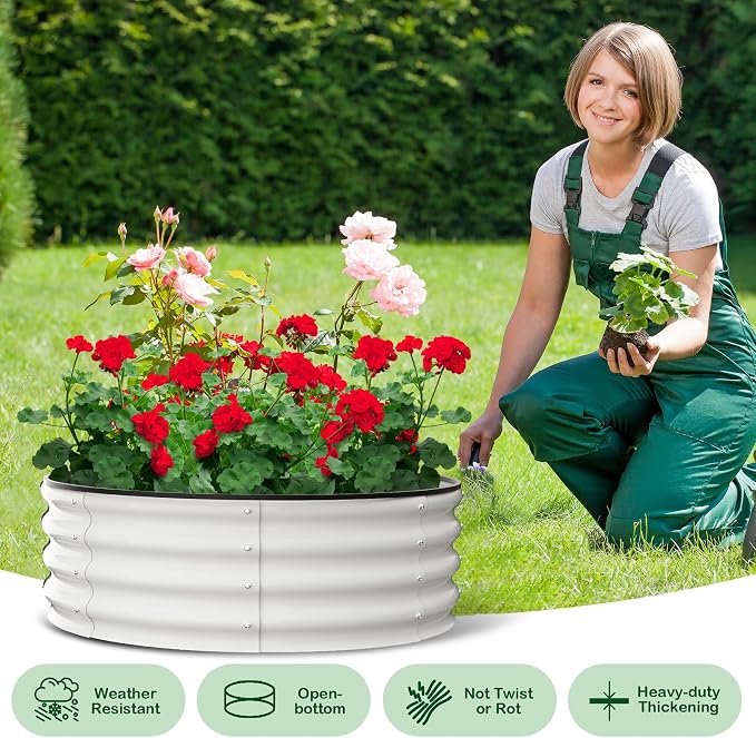 Garvee Galvanized Raised Garden Bed, 2Pcs Raised Garden Beds Outdoor, Round Planter Raised Beds with Gloves and Rubber Edge Trim for Vegetables, Flowers and Herbs, 3x3x1 FT, White