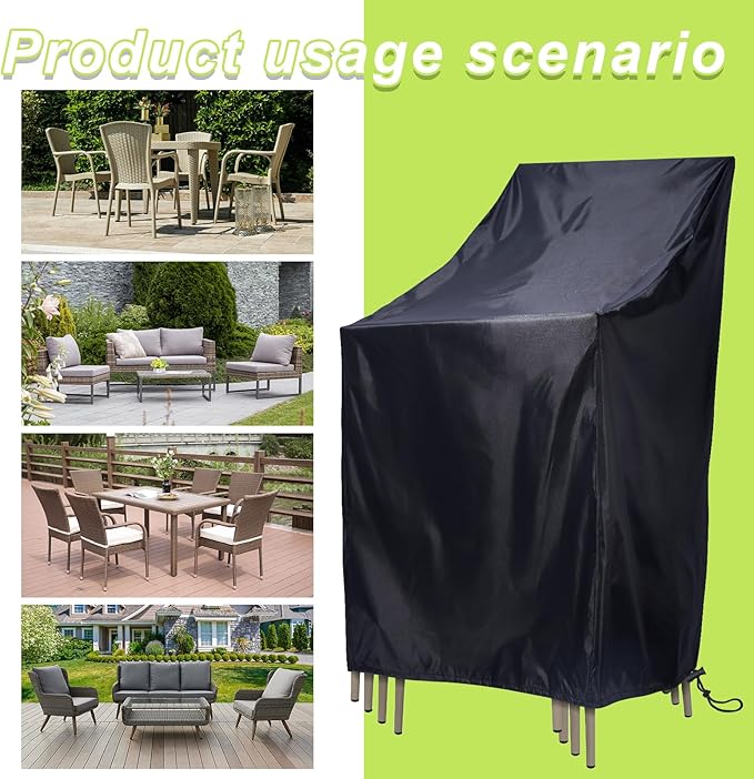 Stackable Patio Chair Covers, Outdoor Chair Covers Waterproof, Lawn Patio Furniture Covers, Fit for 4-6 Stackable Dining chairs Garden Chairs (Black, 25"L x 25"W x 47”H)