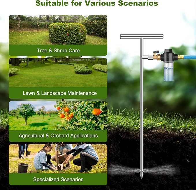 Deep Root Watering Tool for Trees & Plants, Tree Watering Spike, Stainless Steel Root Feeder with Fertilizer Bottle for Tree Watering Irrigation System with Brass Valve, T-Handle
