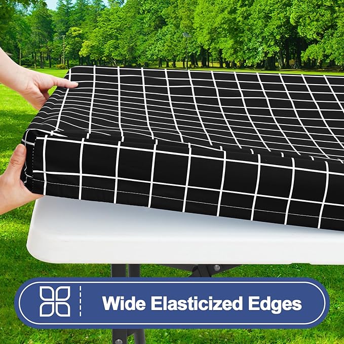 Smiry Picnic Table Cover with Bench Covers, Waterproof Elastic Fitted Tablecloth for 8 Foot Tables, Washable Polyester Tablecloths for Camping, Indoor & Outdoor (Black & White, 30x96 Inch 3-pc Set)