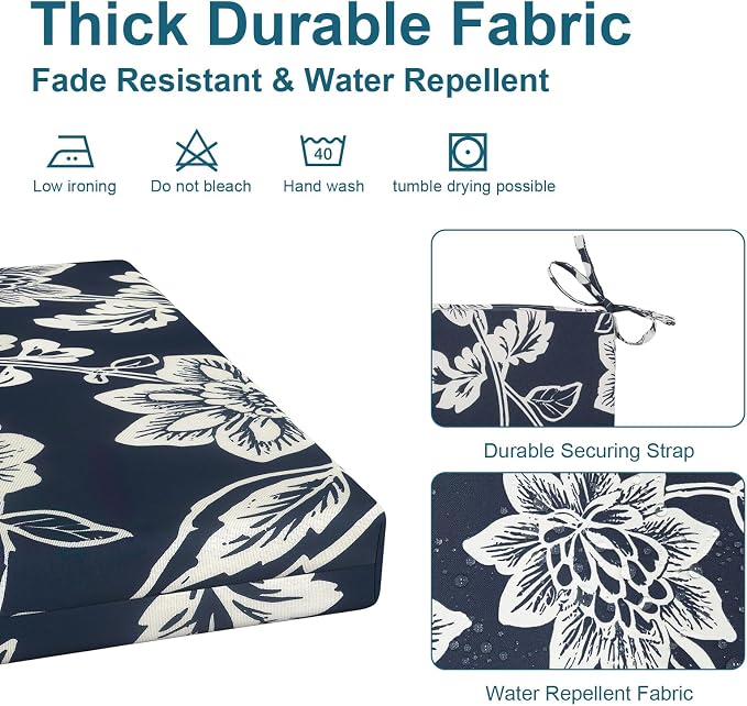DYTXIII Set of 4 Outdoor Chair Cushions, Water Resistant 18.5"x16"x2" Square Seat Cushion for Patio Dining Chairs, High-Density Replacement Pads for Indoor Outdoor Furniture - Vines Navy