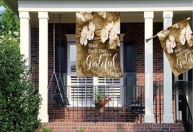 Mugod Start Each Day with A Grateful Heart Burlap House Flag 28x40 Inch Double Sided, Pink Floral Branches Large Yard Flag for Outdoor Farmhouse Holiday Decoration
