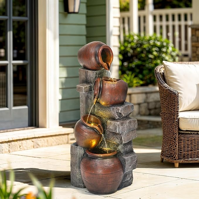 AUTODAYA 31.5" H Outdoor Water Fountain with LED Lights and Pump, Cascading Pitchers Farmhouse Garden Fountain Waterfall for Patio, Porch, or Yard