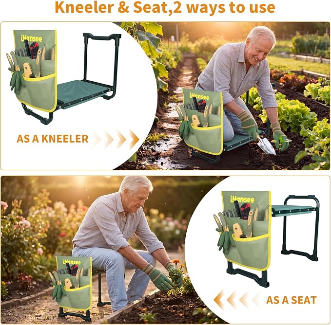 Garden Kneeler and Seat, Foldable Garden Stool with Handles, Heavy Duty All Metal Frame, Gardening Kneeling Bench Workseat w/Tool Pouch for Women Men Seniors, Weeding&Planting, Gardening Gift