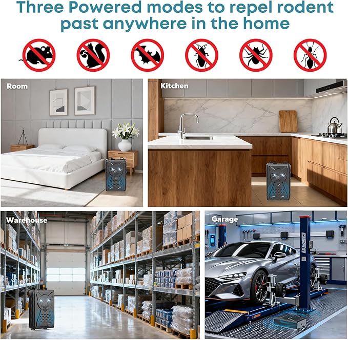 Ultrasonic Pest & Rodent Mouse Squirrels Repellent, 2 Pack Plug-in Electronic Rat Bat Bug Spider Repeller, Battery Operated Deterrent Control Mice for Car Engines, Replace Mouse Traps Indoor, Outdoor