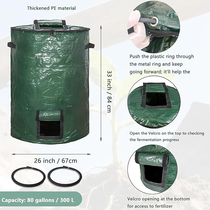 Large Compost Bin Bags,Garden Compost Bin Bags 80 Gallon(300L) Outdoor Foldable Garden Yard Garbage Cans Leaf Bag (Green 2pcs)