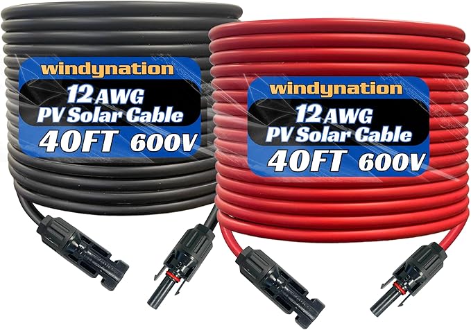 WindyNation 12 Gauge 12 AWG Pair 40 Feet Black + 40 Feet Red PV Photovoltaic Solar Panel Extension Cable Wire Solar Connectors