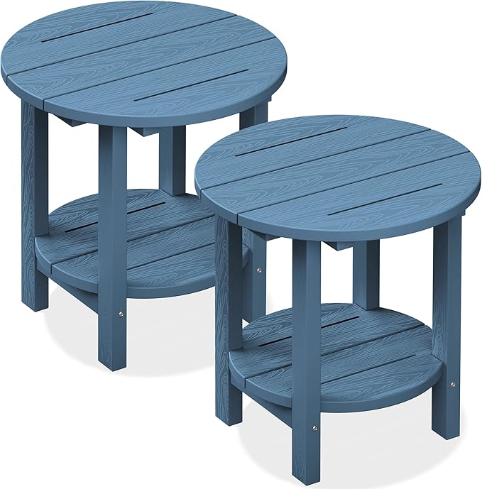 SERWALL Round Outdoor Side Table Set of 2, HDPE Small Adirondack Double End Table, Navy