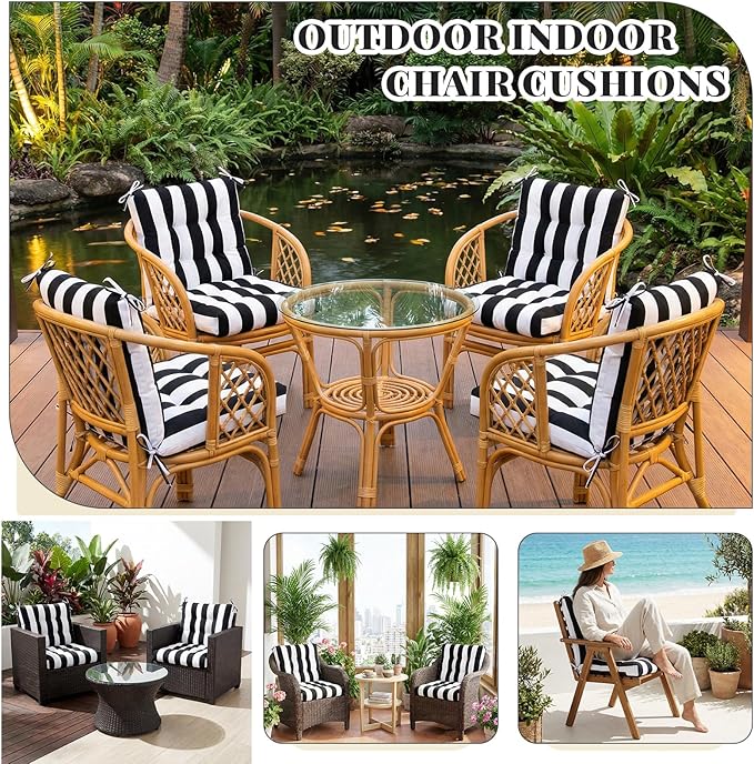 Marsui 4 Pcs Outdoor Indoor High Back Chair Cushions Patio Furniture Tufted Pillow with Ties Water-Resistant Replacement Outdoor Rocking Chair Cushions, 42 x 21 Inches (Black White,Stripe)