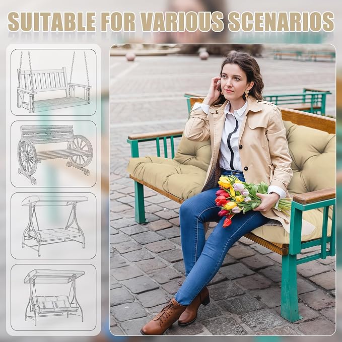 Porch Swing Cushions 2 Seater Replacement Thicken 5" Waterproof & Fade Resistant Swing Cushions for Outdoor Furniture Bench Patio Swing Cushion with Backrest & Ties(Khaki 40x40x5inch)