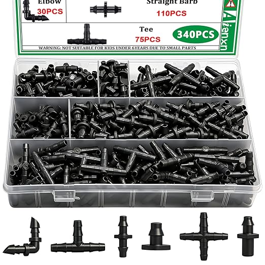 340PCS 1/4" Drip Irrigation Kit Barbed Connectors, Straight Barb, Tee, Single Barb, End Plug, Elbow, 4 Way Coupling Irrigation Fittings for Garden Lawn Flower Pot