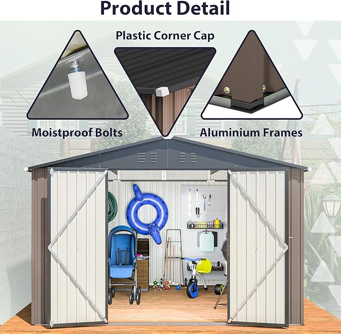 KEIKI Storage Shed 10x10 FT, Large Metal Tool Shed for Outdoor Storage, Galvanized Steel Garden Shed with Lockable Doors for Patio, Backyard, Lawn, Brown