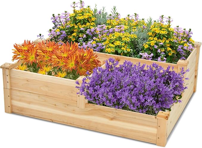 HAPPYGRILL 3-Tier Raised Garden Bed, Wood Elevated Flower Box with Open-Ended Base & Plug-in Connector, Outdoor Planter Raised Beds for Vegetables, Herbs & Fruits