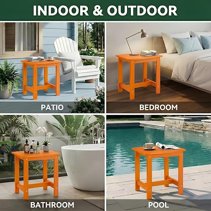 Y&M Outdoor Side Table, HIPS Adirondack Small Single Table, Waterproof Square Outside Table, Balcony Modern End Tables for Patio, Pool, Beach, Porch, Deck, Indoor or Outdoor Use, Orange