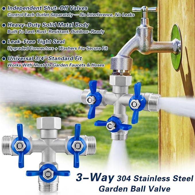 304 Stainless Steel 3 Way Garden Hose Splitter, Heavy Duty Hose Splitter with 3 Shut-Off Valves, 3/4" GHT Outdoor Faucet Hose Adapter, Full Flow Water Hose Connector