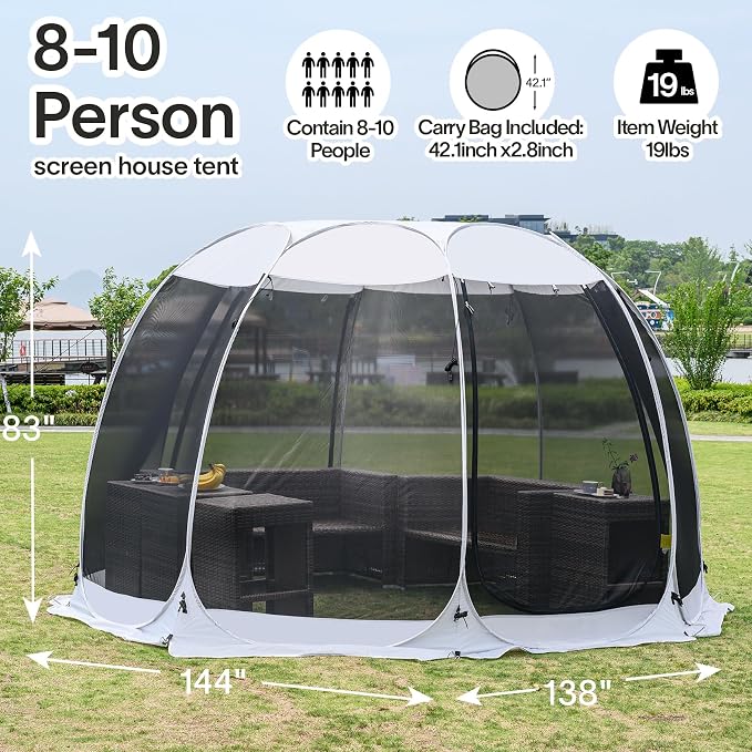 Alvantor Pop Up Screen House Tent, Instant Outdoor Gazebo with Mosquito Netting & UPF 50+ Sun Protection, Portable Canopy Shelter for Patio, Backyard, Camping (2-10 Person)
