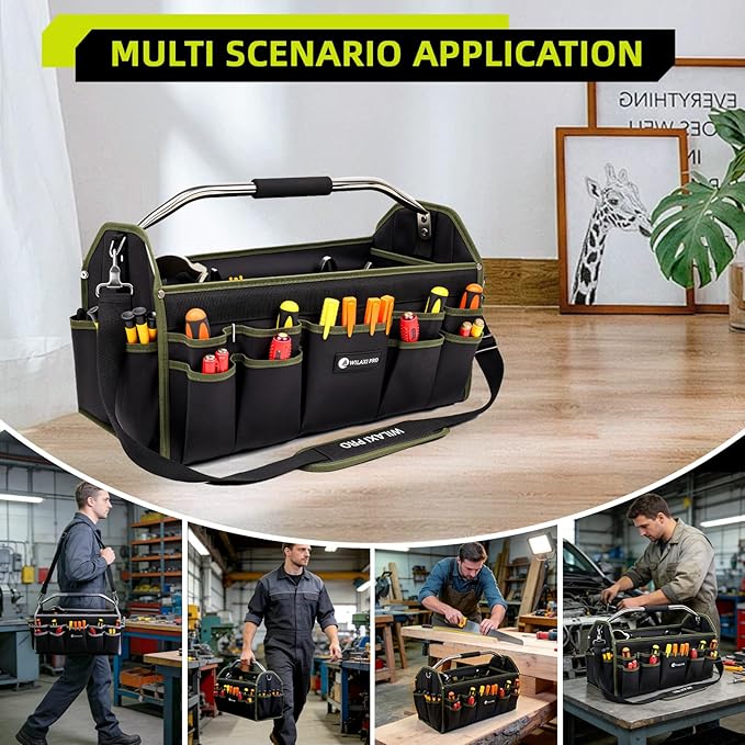 16in Foldable Open Top Tool Tote, Tool Bags For Men Heavy Duty, Tool Carrier tool bag hard With Handle, Wide Mouth Electrician Tool Tote, Many Pockets Can Hold Many