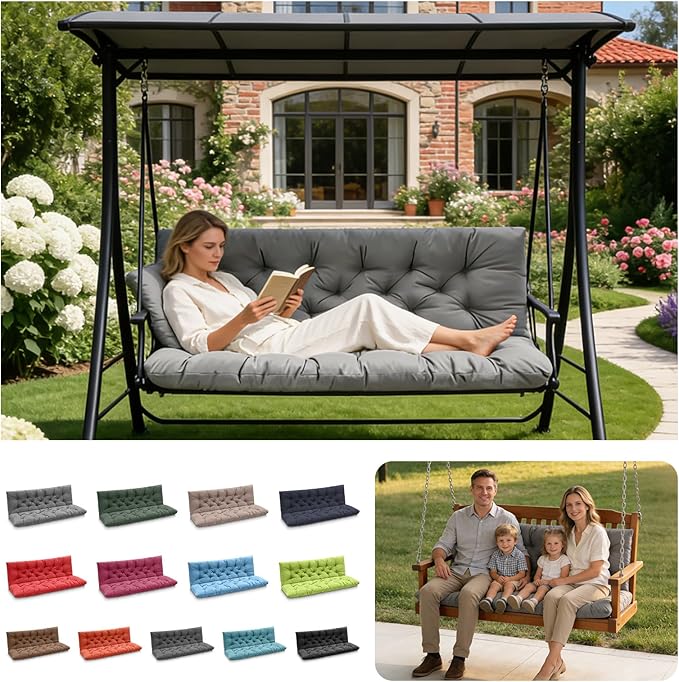 Porch Swing Cushions, Outdoor 3 Seats Swing Cushion Replacement Pad with Backrest, Waterproof Bench Cushion with Ties, for Porch,Garden,Backyard Furniture Patio Lounger (Light Gray 60 * 40 in)