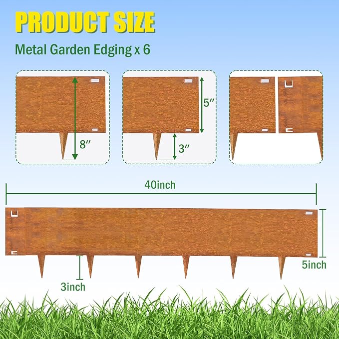 20ft. Metal Edging for Landscaping, 6 Pack 8 inches Rusted Cor-Ten Steel Edging for Landscaping a Pair of Gloves, Bendable Hammer-in Steel Landscape Edging for Fence, Garden, Yard, Park, Law