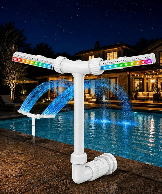 Solar Pool Fountain with 18 LED Lights, Dual-Head Waterfall Sprinkler, Remote Control, 11 Colors & 6 Modes, Adjustable Height & Direction for Above & In-Ground Pools