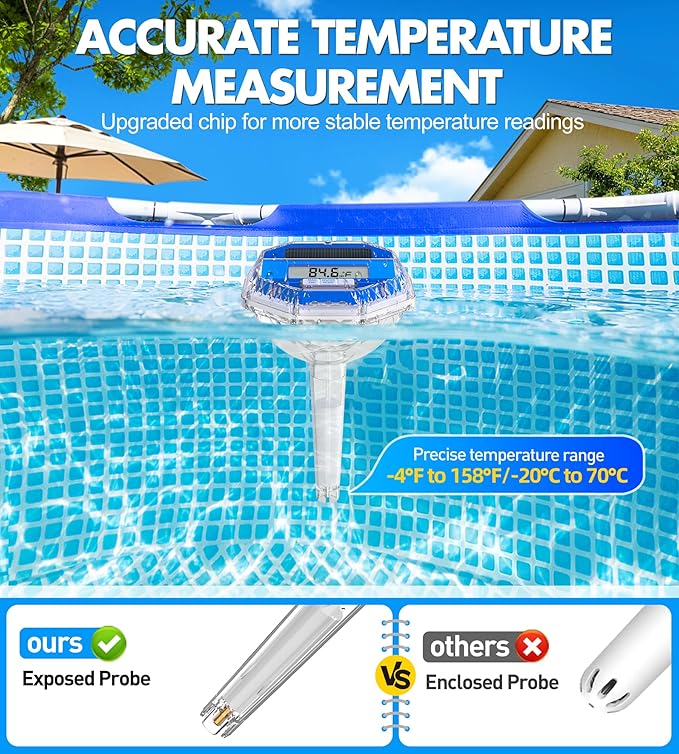 Sinbyuer 2026 Upgrade Digital Solar Pool Thermometer Easy Read | Pool Temperature Thermometer Floating with Dynamic Light Show | Large LCD Screen & Big Number Pools Temperature Gauge for Hot Tub & Spa