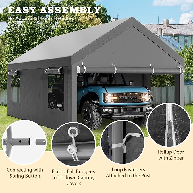Nuturelly 12x20 FT Carport, Heavy Duty Carport Canopy with Roll-up Windows, Portable Garage with Removable Sidewalls & Doors, Car Canopy with All-Season PE Tarp for Car, Truck, Boat,Gray