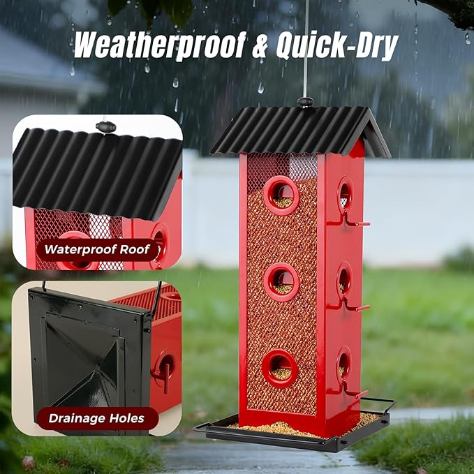 All Metal Bird Feeder for Outdoors Hanging | 14-Port Multi-Bird Viewing | Rust-Proof, Waterproof & Easy-Clean | Attracts Cardinals, Finches, Chickadees & More (Cardinal with Black Base)
