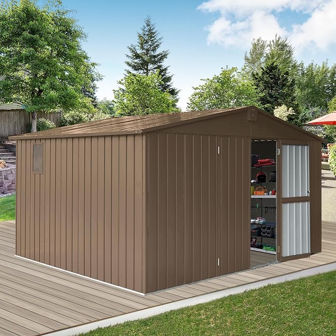 Christopher Knight Home Avonn Backyard Storage Shed 11'x 9' with Galvanized Steel Frame & Windows, Outdoor Garden Shed Metal Utility Tool Storage Room with Lockable Door for Patio, Brown