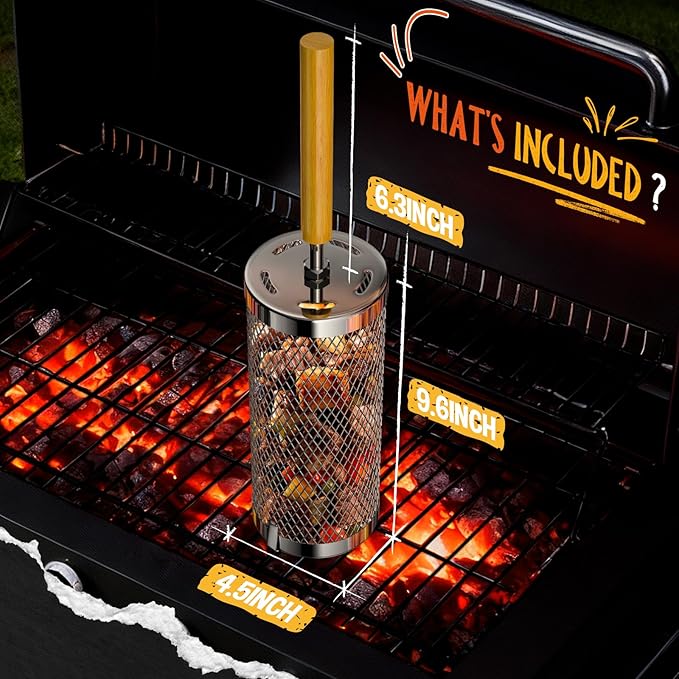 Rolling Grill Basket-Lager,304 Stainless Steel Grill Basket with Removable Wooden Handle,BBQ Tool & Smoker Accessory for Veg & Shrimp,Ideal for Outdoor Cooking,Camping & Gifts for Dad/Husband/Men 9.6*4.5*4.5 inches(For 3-4 People)