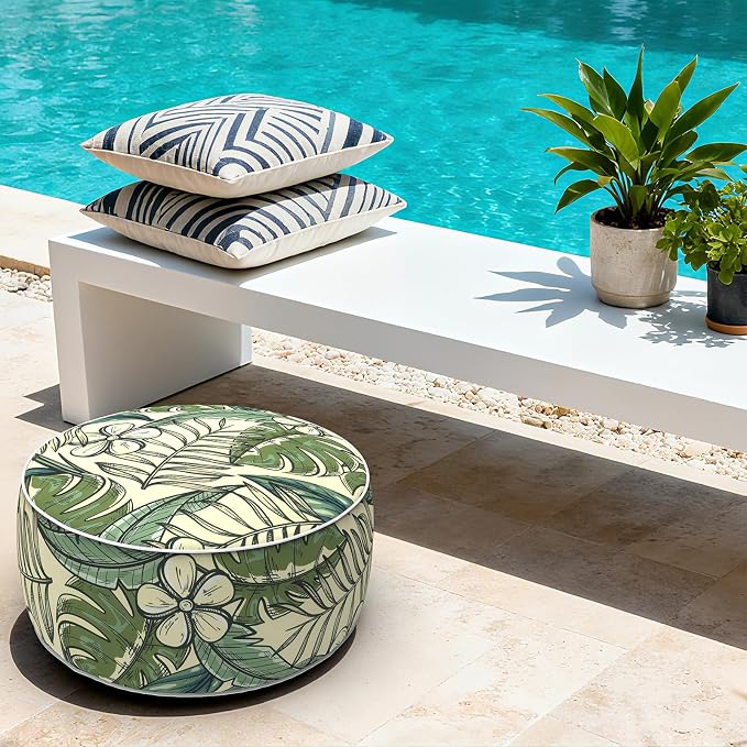 LVTXIII Indoor/Outdoor Inflatable Ottoman with Handle D21 x H9 Inch, Weather-Resistant Round Footstool Pouf for Patio Camping Living Room, Portable Footrest Extra Seating, Tropical Paradise