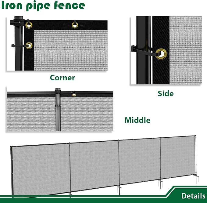 5'Hx116'W Outdoor Freestanding Privacy Screen Fence Panels with Iron Poles, Mesh Shade Net Cover Temporary Fencing for Patio Backyard Garden Deck, Light Gray