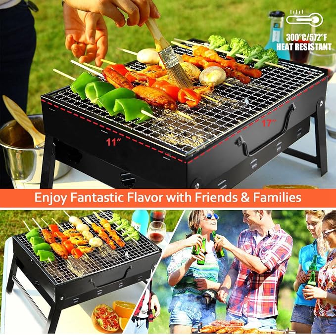 KOCASO Portable Charcoal Grill Foldable - Lightweight BBQ Smoker Grill for Camping, Tailgating, Picnics & Outdoor Grilling, Compact Design with Removable Ash Catcher