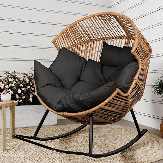 Shintenchi Wicker Egg Chair,Outdoor Indoor Rocking Chair,Large PE Rattan Rocking Chair with Cushion for Patio, Balcony, Backyard, Garden,Deep Grey