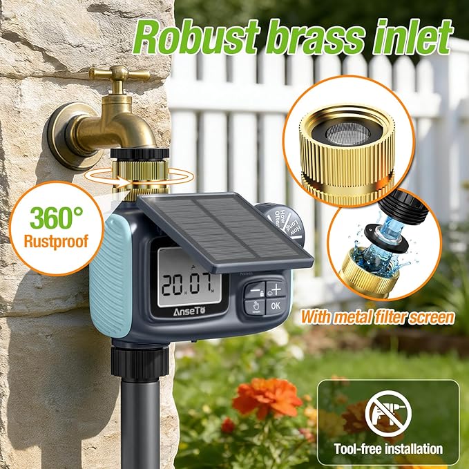 Solar Sprinkler Timer, Solar & Type-C Rechargeable Water Timer for Garden Hose, Programmable Faucet System with Rain Delay/Manual/Auto Mode, Digital Irrigation Controller for Lawn/Yard/Pool