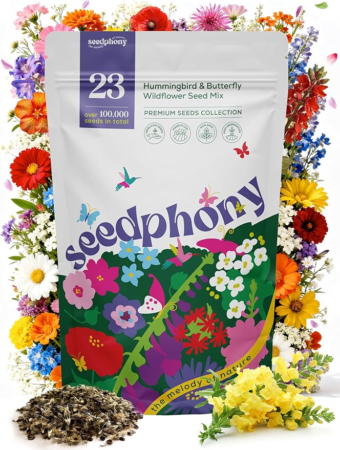 Seedphony 23 Wildflower Hummingbird & Butterfly Mix 4 oz - 100,000 Non-GMO Heirloom Wildflower Seeds for Planting Garden, Perennial Flowers to Attract Bees, Butterflies & Birds in Waterproof Packet