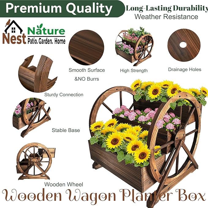 3 Tier Large Wooden Wagon Planter Box|Outdoor Planter/Flower Pot for Indoor&Outdoor Plants-Rustic Garden Planter for Patio,Porch&Garden Decor-Raised Garden Bed for Succulents,Herbs,Vegetables
