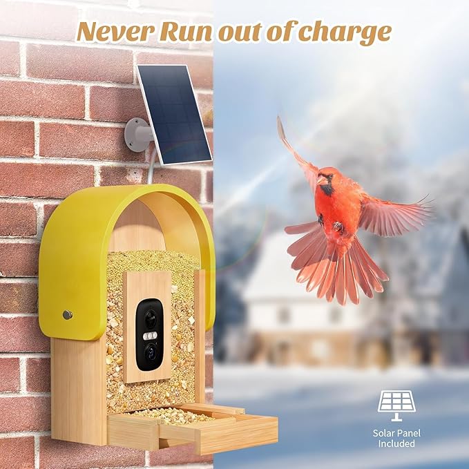Smart Bird Feeder with Camera Solar Powered, Upgraded 2.7L Smart Camera Bird Feeder Al Identify for 16000 Plus Species,Auto Capture & Real-time Notifications,Ideal Gift for BirdLovers (Round Roof)