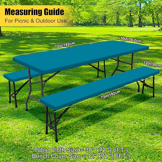 Smiry Picnic Table Cover with Bench Covers, Waterproof Elastic Fitted Polyester Tablecloths for 6 Ft Rectangle Tables, Washable Windproof Tablecloth for Camping, RV & Outdoor (Turquoise, 30x72 Inches)