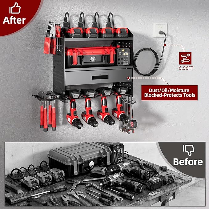 Power Tool Organizer Wall Mount Heavy Duty 130 lbs, 4 Layers Storage Rack with 6 Drill Holders & Battery Storage, Cordless Tool Organizer for Garage, Workshop & Tool Room