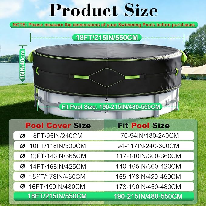 18Ft Round Pool Cover for Above Ground Pools, Safety Solar Pool Covers with Reflective Strips, Rope and Luminous Nails, Upgraded Thicker Oxford, PU Tarp Snug, UV Protected, Windproof, Tear Resistant