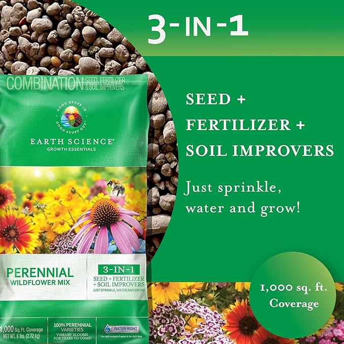Earth Science Perennial Wildflower Mix—6 lb—3-in-1 Formula with Premium Wildflower Seeds, Plant Food and Soil Conditioners - Non-GMO, Natural Ingredients