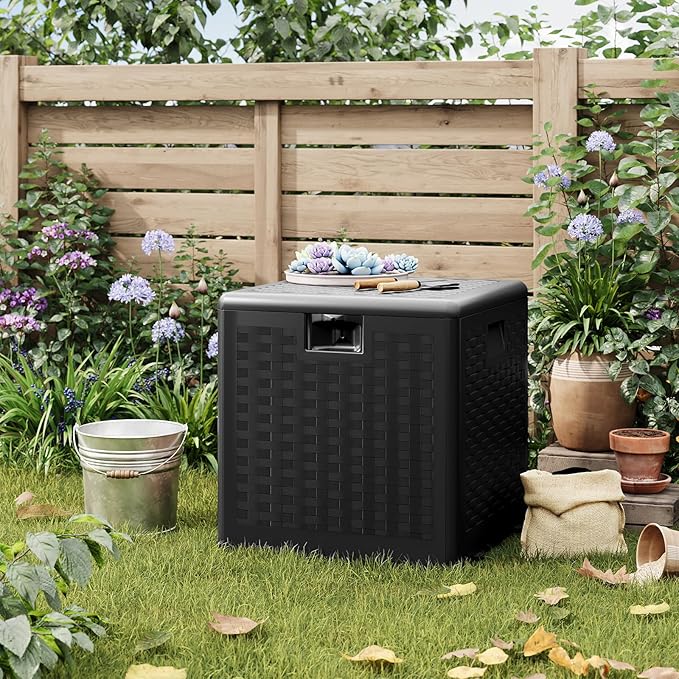 Garvee 28 gal Outdoor Storage Box with Lid, Weather-Resistant Plastic Deck Box, Lockable Outdoor Storage Bin for Patio Furniture, Gardening Tools and Accessories, Black