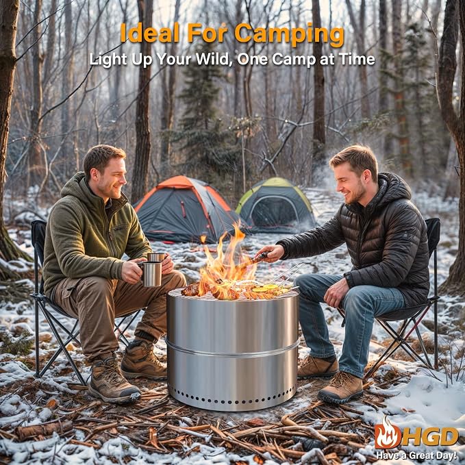 HGD 20 Inch Smokeless Firepit with Grill, Portable Wood Burning Fire Pit for Camping & Backyard, Stainless Steel Outdoor Fireplace with Travel Bag, Easy Setup & Compact Storage - Foldable Design