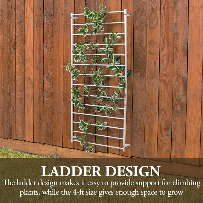 MyGift 4 Foot Tall Modern White Metal Wall Mounted Horizontal Bars Trellis, Outdoor Hanging Support Frame for Climbing Garden Plants and Crawling Vines