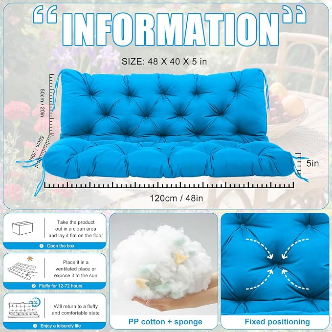 Porch Swing Cushions 2 Seater Replacement Thicken 5" Waterproof Swing Cushions for Outdoor Furniture Bench Patio Swing Cushion with Backrest & Ties(Lake Blue 48x40x5inch)