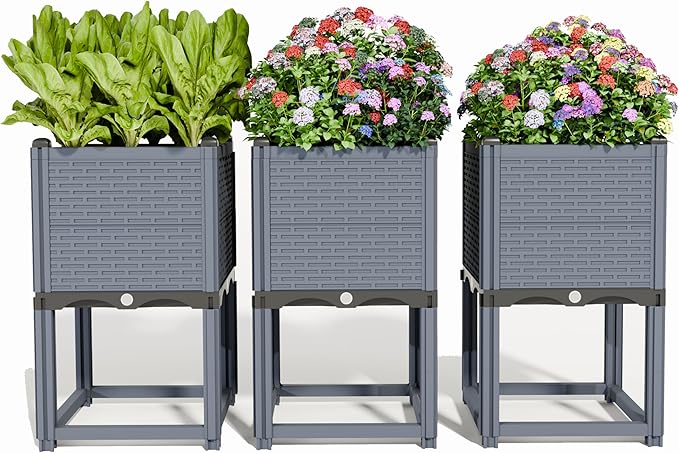 48" Self Watering Raised Garden Bed, Modular Planter Box with Water Level Indicator, Weather Resistant for Vegetables, Herbs & Flowers, 3-in-1 Configurable Design, Gray