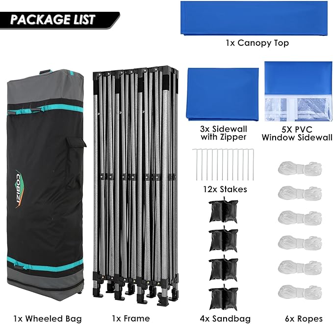 COBIZI 10x30 Pop up Carport 10x30 Canopy Tent with Sidewalls, Heavy Duty Party Tent Tents for Parties, Foldable UPF 50+ Waterproof Commercial Easy up Canopy with Wheeled Bag, Blue