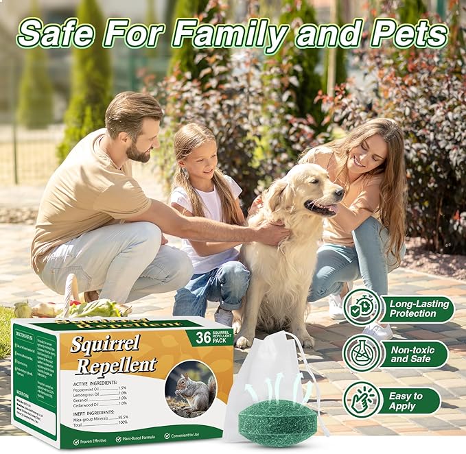 36 Pack Squirrel Repellent Balls, Peppermint Oil Squirrel Deterrent for Groundhog Outdoor & Attic Use Squirrel Repeller for Garage, Garden, Safe for Family & Pets
